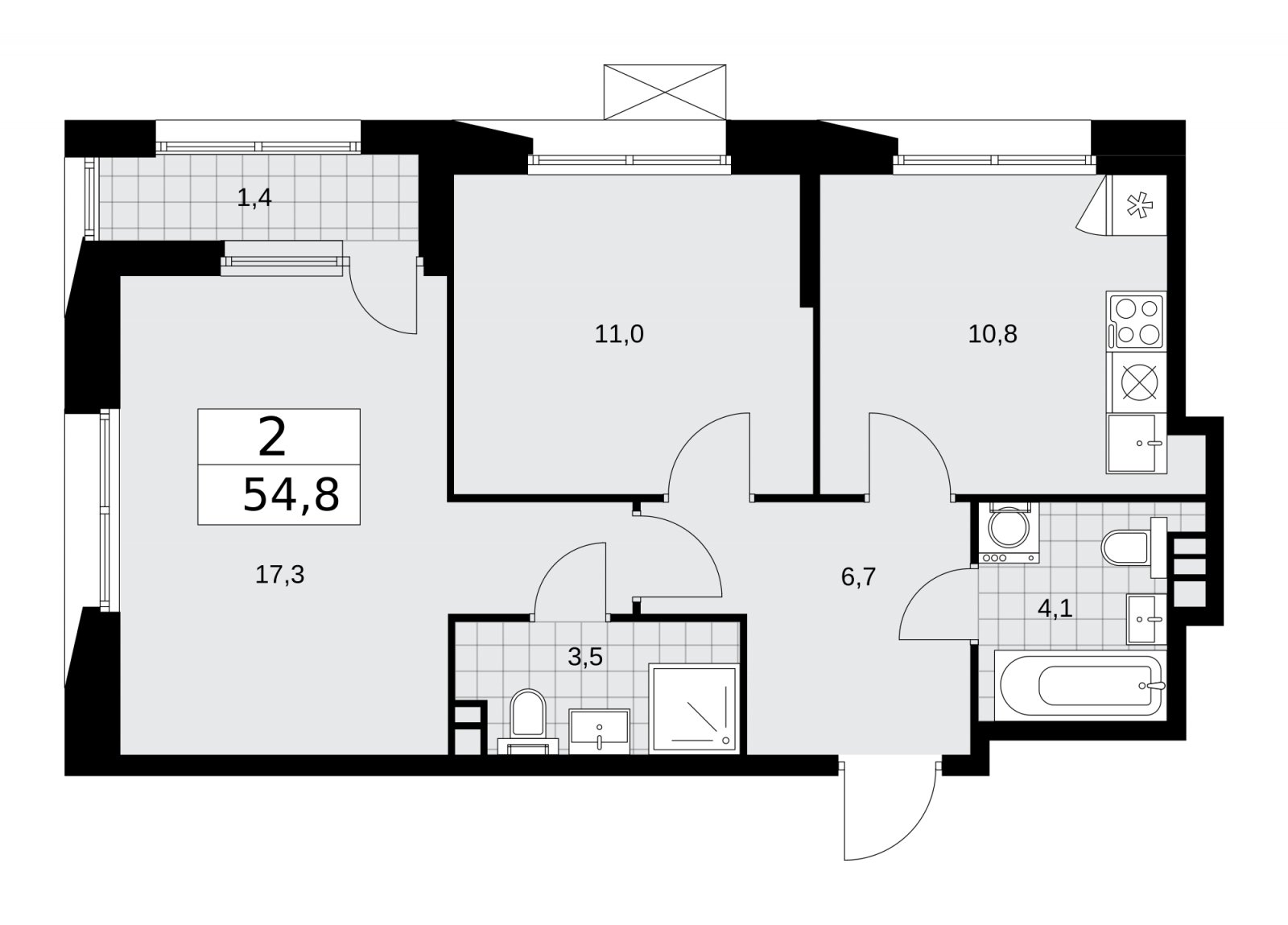 2-комнатная квартира без отделки, 54.8 м2, 4 этаж, сдача 4 квартал 2025 г., ЖК Бунинские кварталы, корпус 6.6 - объявление 2252915 - фото №1