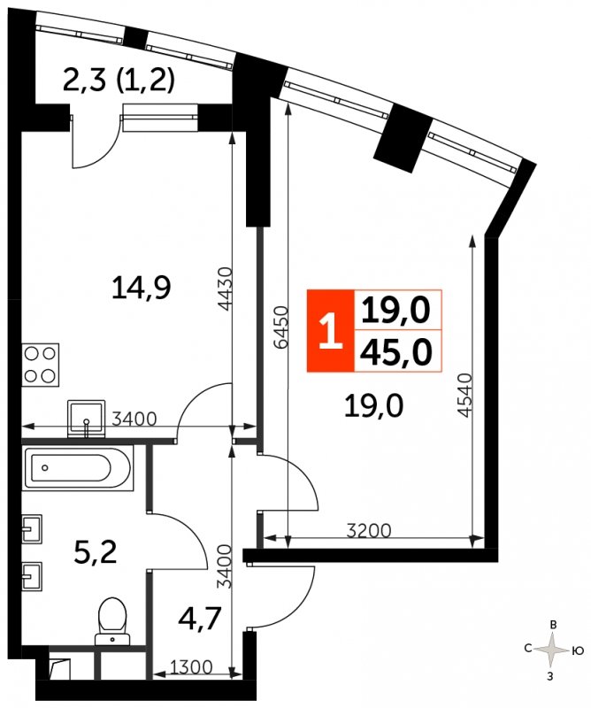 1-комнатная квартира с частичной отделкой, 45 м2, 2 этаж, сдача 3 квартал 2024 г., ЖК Sydney City, корпус 2.2 - объявление 1608173 - фото №1