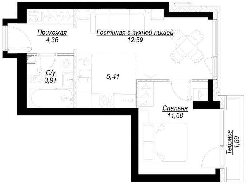 1-комнатная квартира с частичной отделкой, 38.5 м2, 4 этаж, сдача 1 квартал 2023 г., ЖК Hide, корпус RiverSide - объявление 1707040 - фото №1