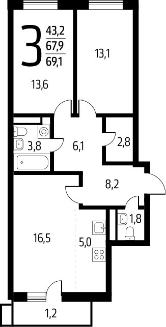 3-комнатная квартира с полной отделкой, 69.1 м2, 3 этаж, сдача 1 квартал 2025 г., ЖК Новые Ватутинки. Заречный, корпус 5/2 - объявление 2295795 - фото №1