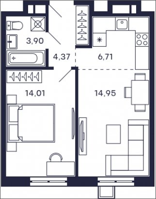 1-комнатная квартира без отделки, 43.94 м2, 18 этаж, сдача 2 квартал 2025 г., ЖК Квартал Тетрис, корпус "Квартал Тетрис 2.2" - объявление 2005442 - фото №1