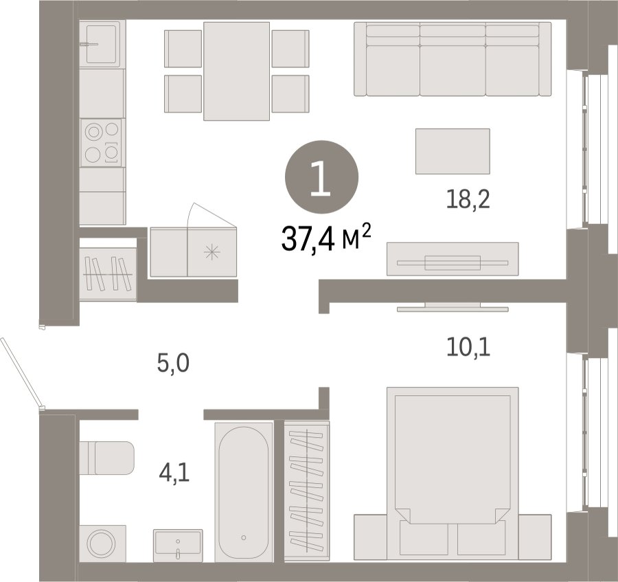 1-комнатная квартира с частичной отделкой, 37.4 м2, 2 этаж, сдача 3 квартал 2026 г., ЖК Квартал Метроном, корпус 1 - объявление 2330974 - фото №1