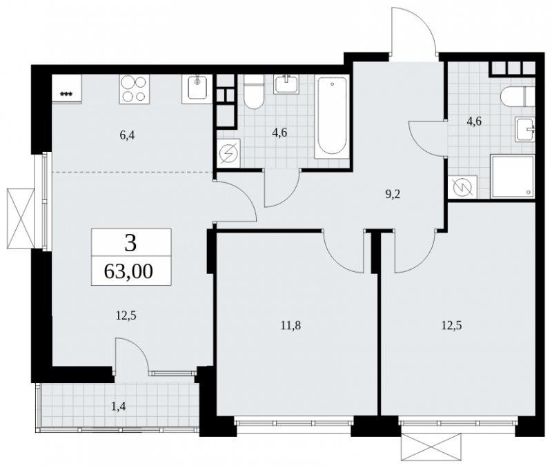 3-комнатная квартира (евро) с частичной отделкой, 63 м2, 7 этаж, сдача 4 квартал 2024 г., ЖК Бунинские кварталы, корпус 2.1 - объявление 1882325 - фото №1