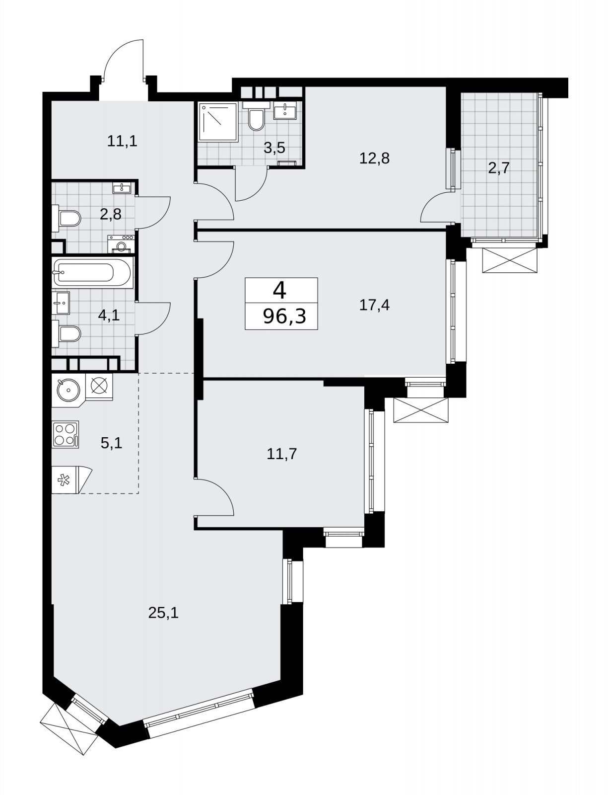 4-комнатная квартира (евро) без отделки, 96.3 м2, 16 этаж, сдача 1 квартал 2026 г., ЖК Дзен-кварталы, корпус 4.2 - объявление 2251565 - фото №1