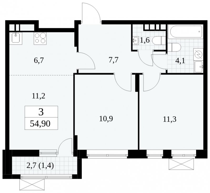 3-комнатная квартира (евро) без отделки, 54.9 м2, 11 этаж, сдача 1 квартал 2025 г., ЖК Прокшино, корпус 5.2.5 - объявление 1900910 - фото №1