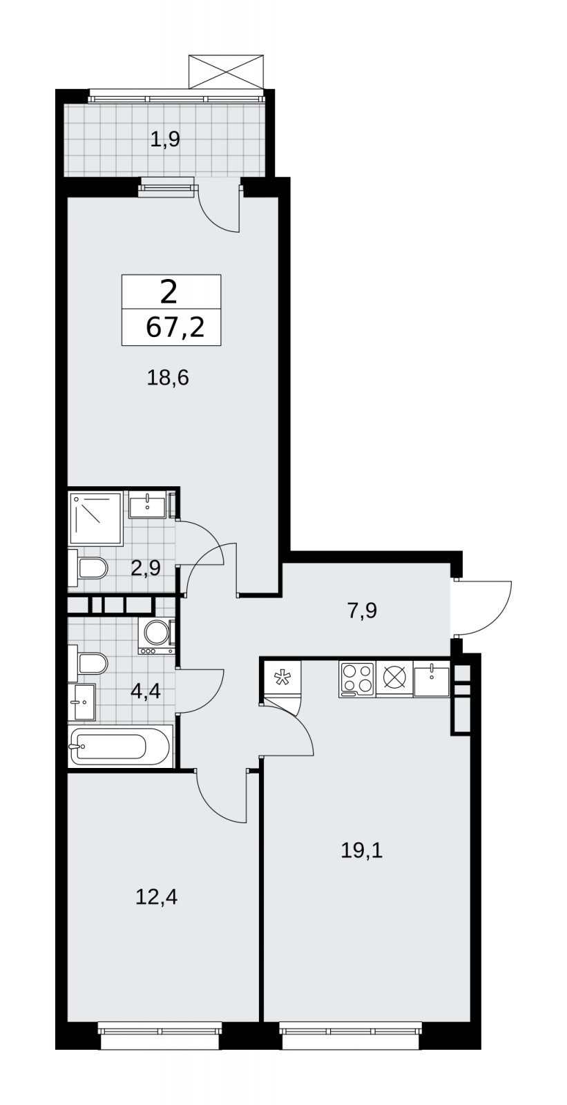 2-комнатная квартира с частичной отделкой, 67.2 м2, 7 этаж, сдача 2 квартал 2026 г., ЖК Дзен-кварталы, корпус 4.1 - объявление 2251372 - фото №1