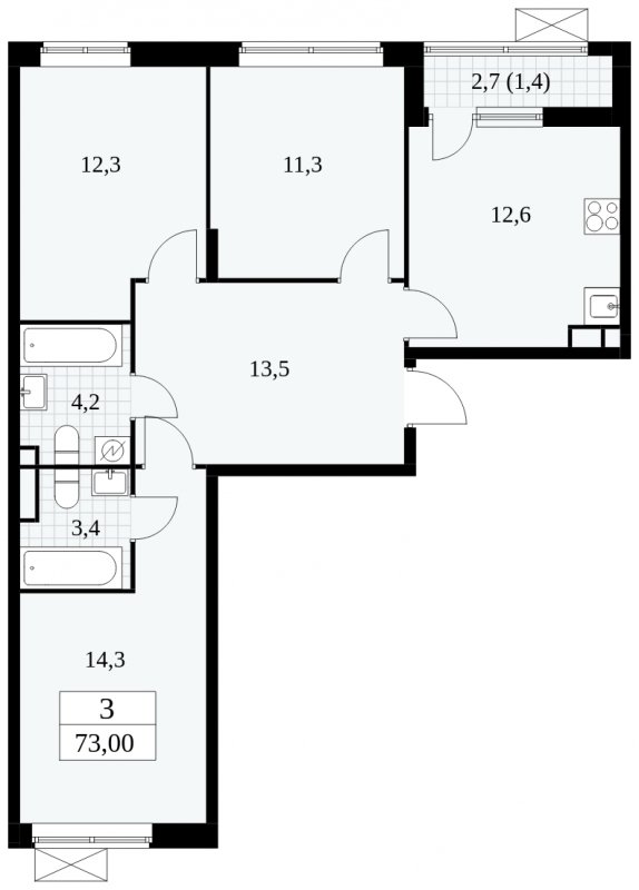 3-комнатная квартира без отделки, 73 м2, 3 этаж, сдача 1 квартал 2025 г., ЖК Прокшино, корпус 5.1.4 - объявление 1810954 - фото №1