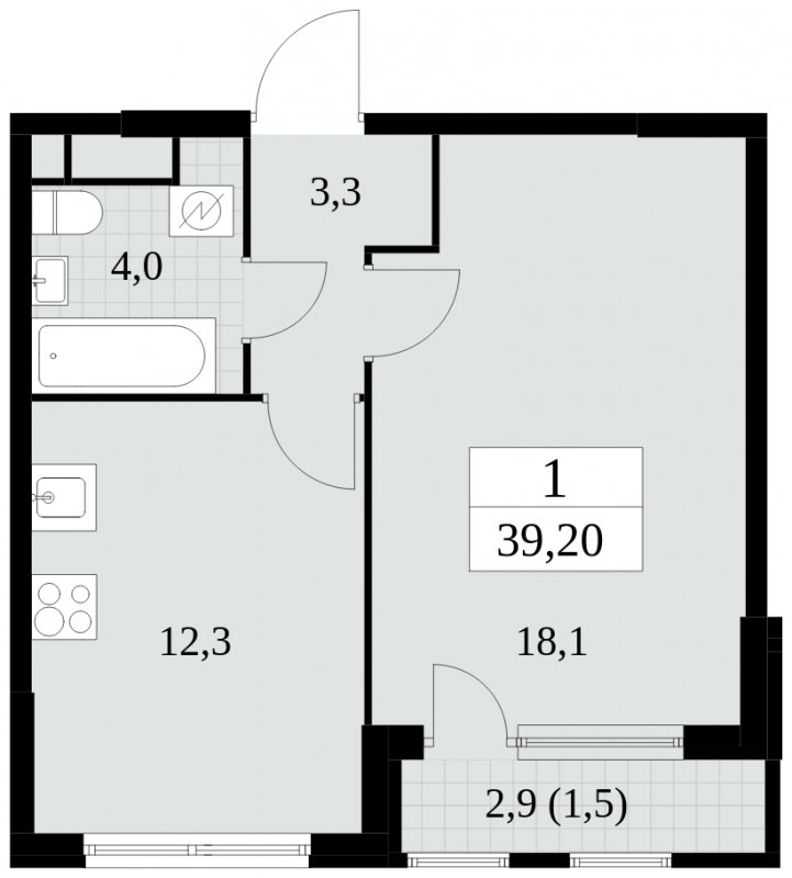 1-комнатная квартира без отделки, 39.2 м2, 13 этаж, сдача 2 квартал 2025 г., ЖК Южные сады, корпус 2.3 - объявление 1758339 - фото №1