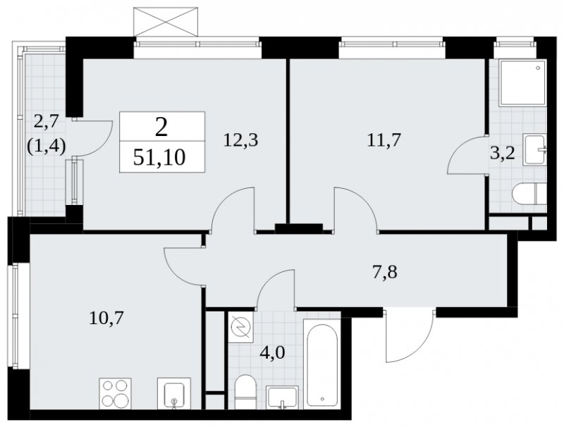 2-комнатная квартира без отделки, 51.1 м2, 14 этаж, сдача 1 квартал 2025 г., ЖК Прокшино, корпус 5.1.4 - объявление 1811143 - фото №1