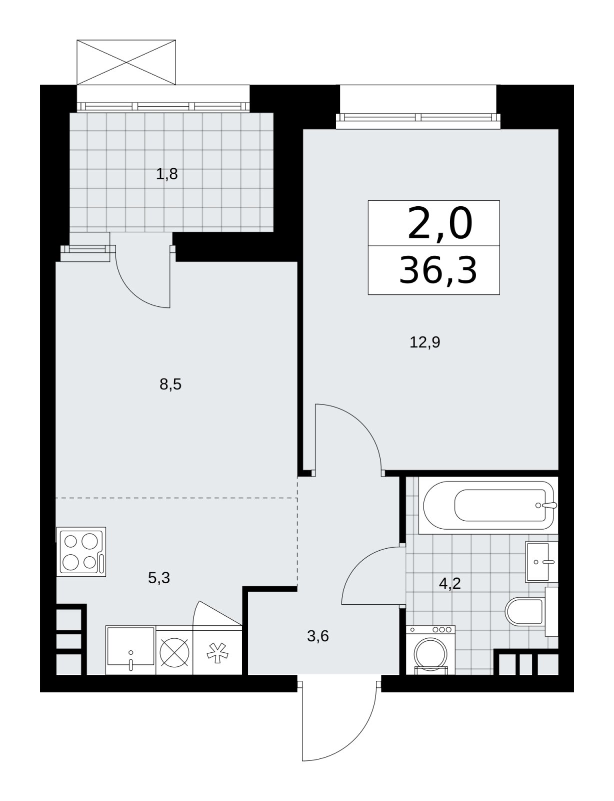 2-комнатная квартира (евро) без отделки, 36.3 м2, 7 этаж, сдача 4 квартал 2025 г., ЖК Бунинские кварталы, корпус 6.5 - объявление 2252788 - фото №1