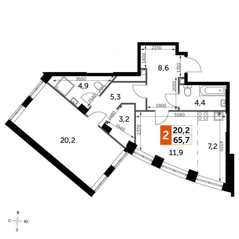 1-комнатная квартира с частичной отделкой, 65.7 м2, 13 этаж, сдача 3 квартал 2024 г., ЖК Sydney City, корпус 2.2 - объявление 1710091 - фото №1