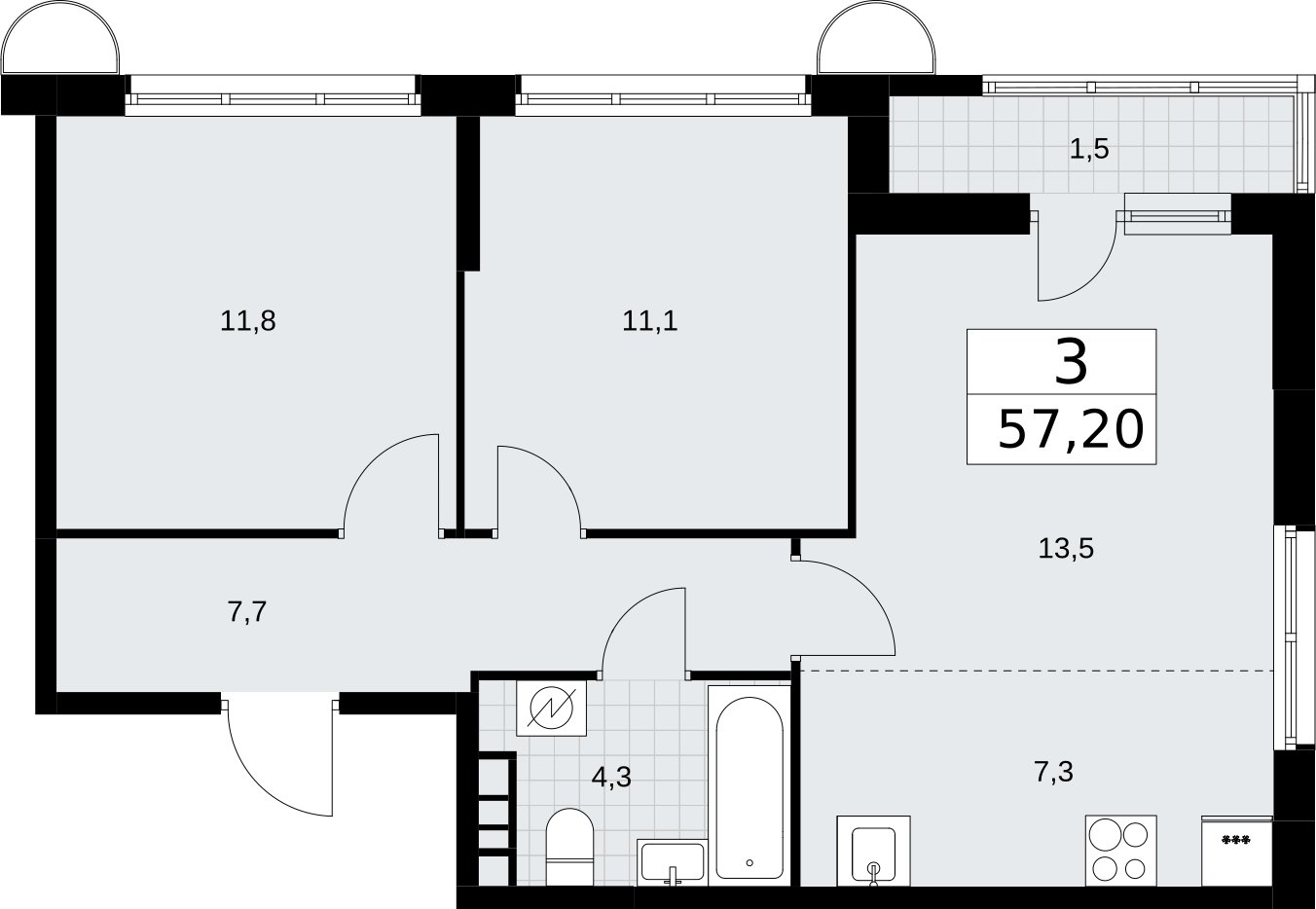3-комнатная квартира (евро) без отделки, 57.2 м2, 4 этаж, сдача 3 квартал 2026 г., ЖК Родные кварталы, корпус 3.1 - объявление 2378185 - фото №1