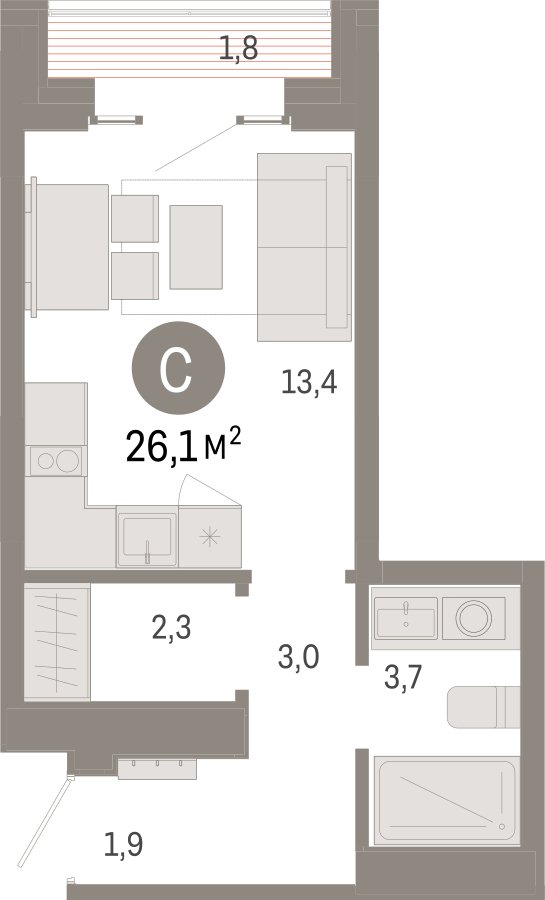Студия с частичной отделкой, 26.1 м2, 13 этаж, сдача 3 квартал 2026 г., ЖК Квартал Метроном, корпус 1 - объявление 2358153 - фото №1