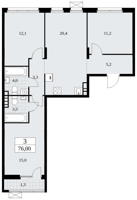 3-комнатная квартира без отделки, 76 м2, 5 этаж, сдача 2 квартал 2025 г., ЖК Дзен-кварталы, корпус 2.4 - объявление 1932704 - фото №1