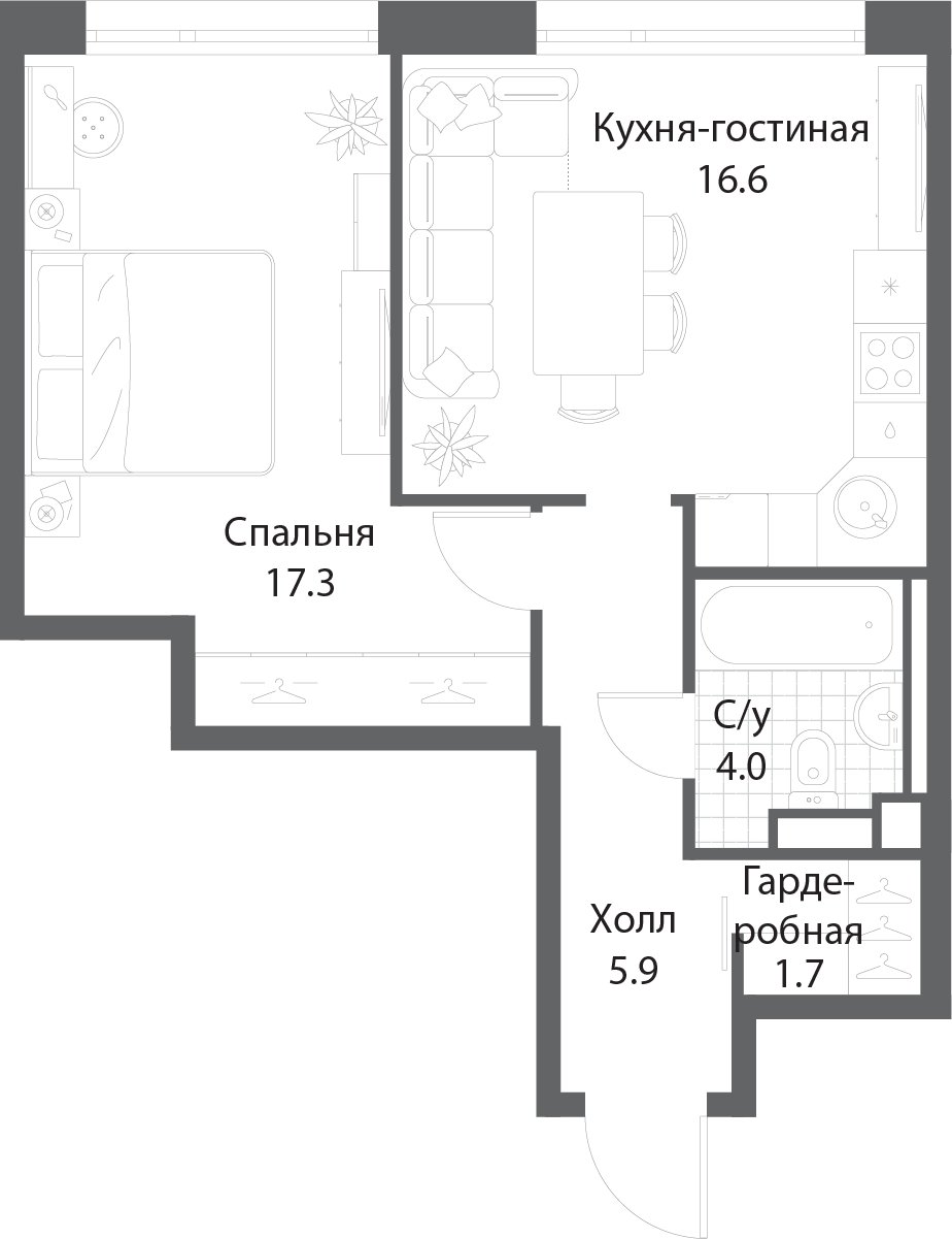 1-комнатная квартира без отделки, 45.1 м2, 23 этаж, сдача 3 квартал 2025 г., ЖК Nagatino i-Land, корпус 2 (3 очередь) - объявление 1978336 - фото №1