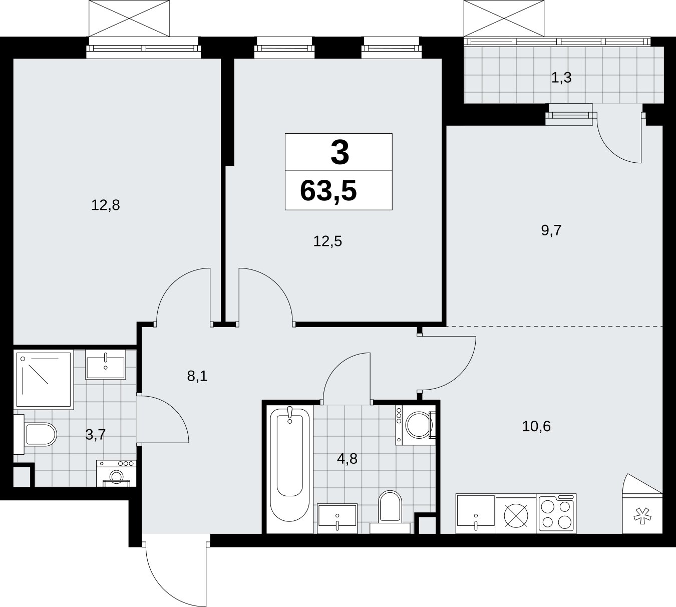 3-комнатная квартира (евро) без отделки, 63.5 м2, 2 этаж, сдача 2 квартал 2026 г., ЖК Дзен-кварталы, корпус 6.1.1 - объявление 2327080 - фото №1