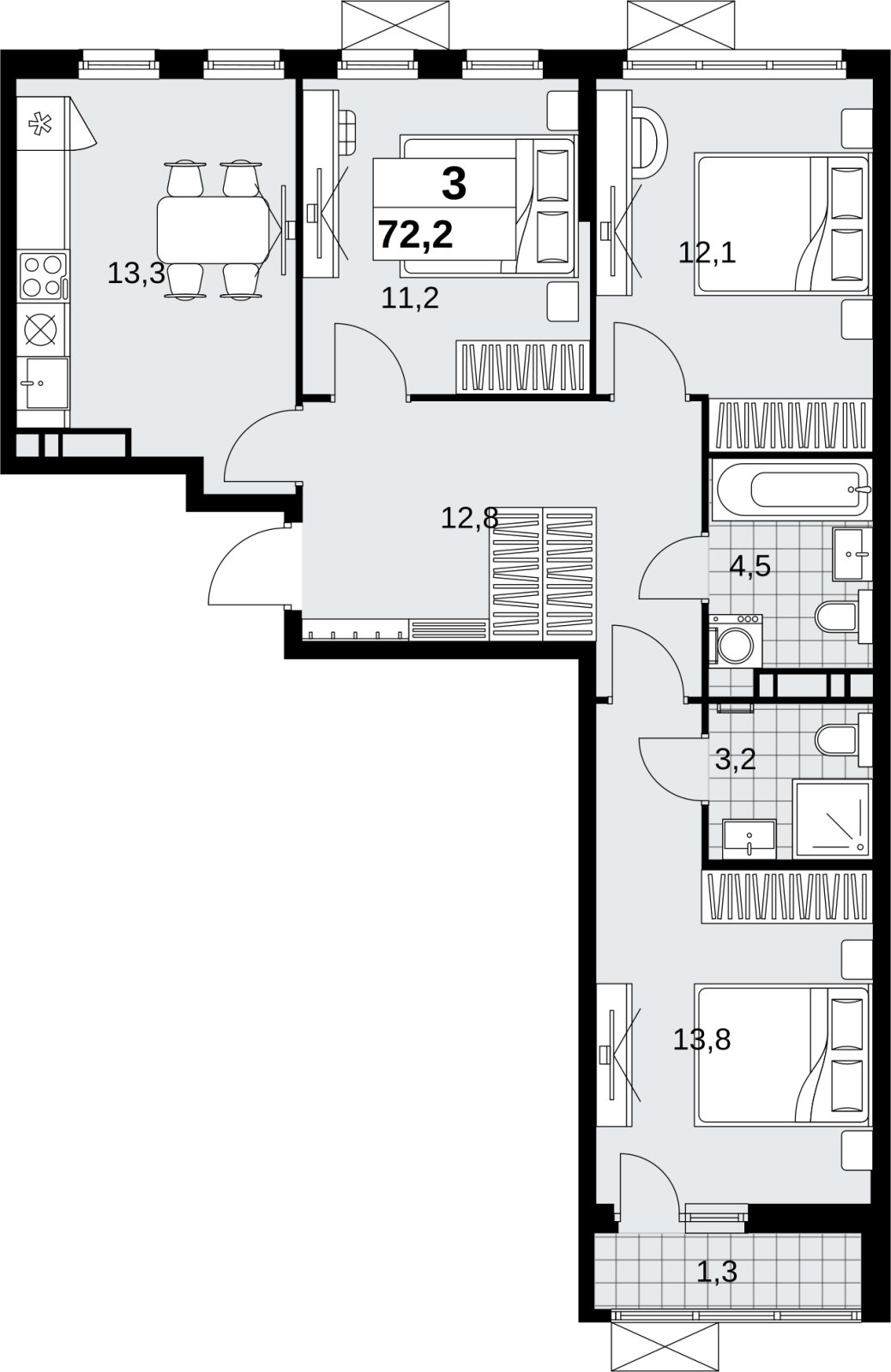3-комнатная квартира с полной отделкой, 72.2 м2, 8 этаж, сдача 1 квартал 2027 г., ЖК Скандинавия, корпус 2.18.2.2 - объявление 2351207 - фото №1