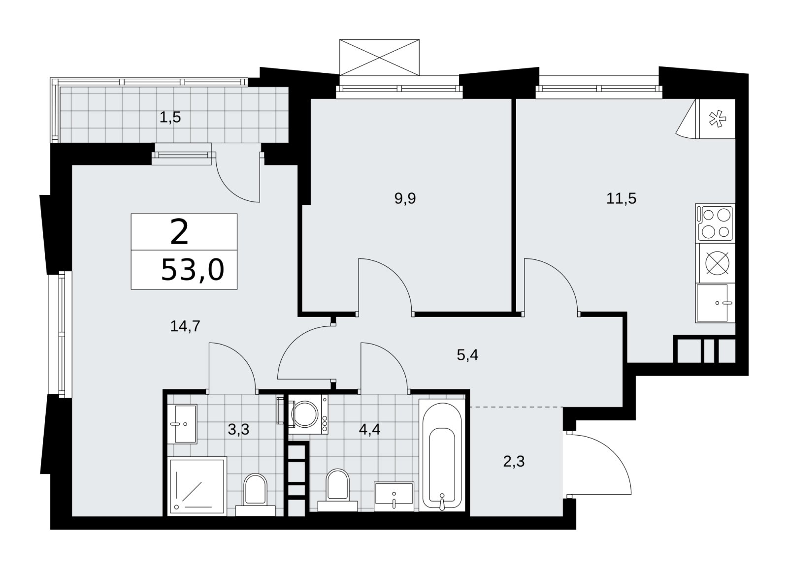 2-комнатная квартира с частичной отделкой, 53 м2, 15 этаж, сдача 1 квартал 2026 г., ЖК Прокшино, корпус 11.1.3 - объявление 2257432 - фото №1