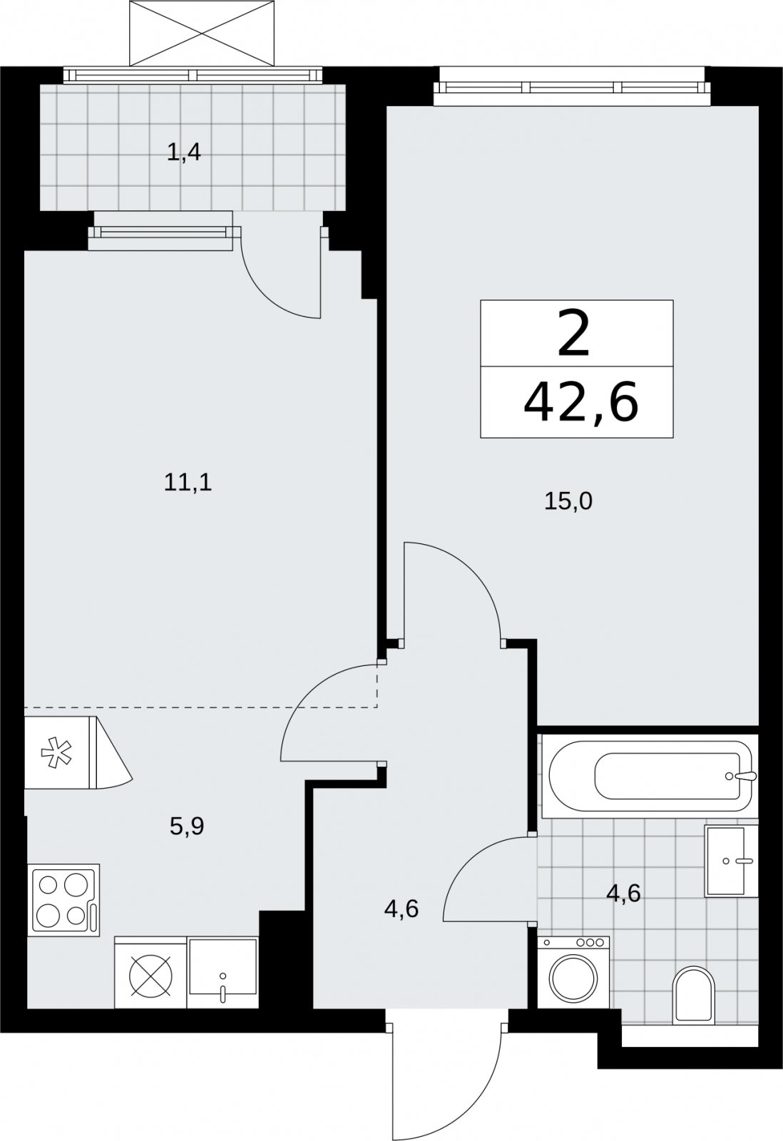 2-комнатная квартира (евро) без отделки, 42.6 м2, 8 этаж, сдача 2 квартал 2026 г., ЖК Бунинские кварталы, корпус 7.4 - объявление 2314091 - фото №1