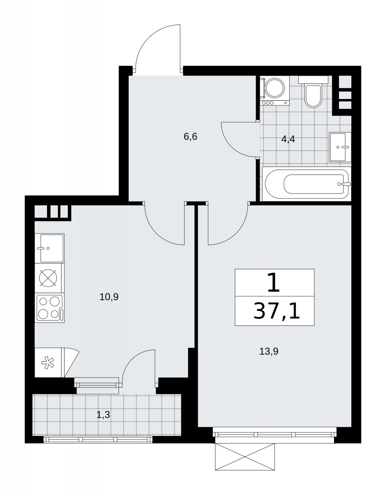1-комнатная квартира с частичной отделкой, 37.1 м2, 3 этаж, сдача 2 квартал 2026 г., ЖК Прокшино, корпус 11.2.3 - объявление 2270191 - фото №1