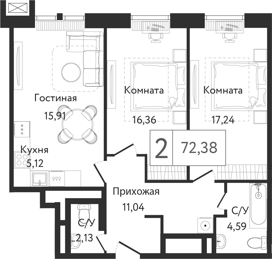 2-комнатная квартира без отделки, 72.38 м2, 13 этаж, сдача 3 квартал 2023 г., ЖК Dream Towers, корпус 2 - объявление 2261259 - фото №1