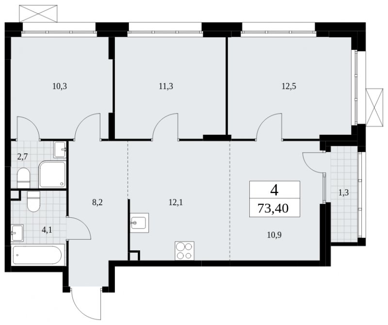 4-комнатная квартира (евро) с частичной отделкой, 73.4 м2, 2 этаж, сдача 4 квартал 2024 г., ЖК Скандинавия, корпус 35.1.2 - объявление 1779429 - фото №1