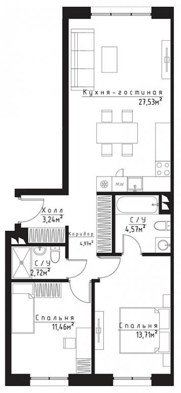 2-комнатная квартира с частичной отделкой, 67.24 м2, 2 этаж, сдача 3 квартал 2023 г., ЖК Метрополия, корпус Vienna - объявление 1786136 - фото №1