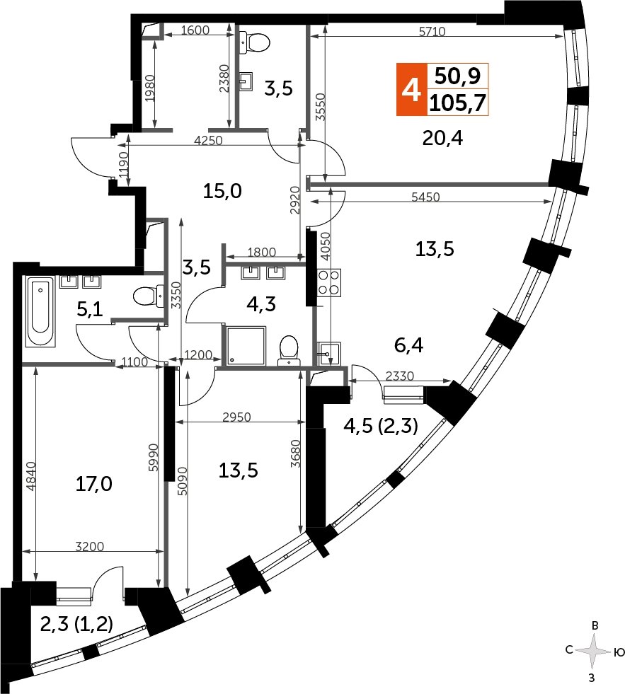 3-комнатная квартира с частичной отделкой, 105.7 м2, 24 этаж, сдача 3 квартал 2024 г., ЖК Sydney City, корпус 2.2 - объявление 2207365 - фото №1