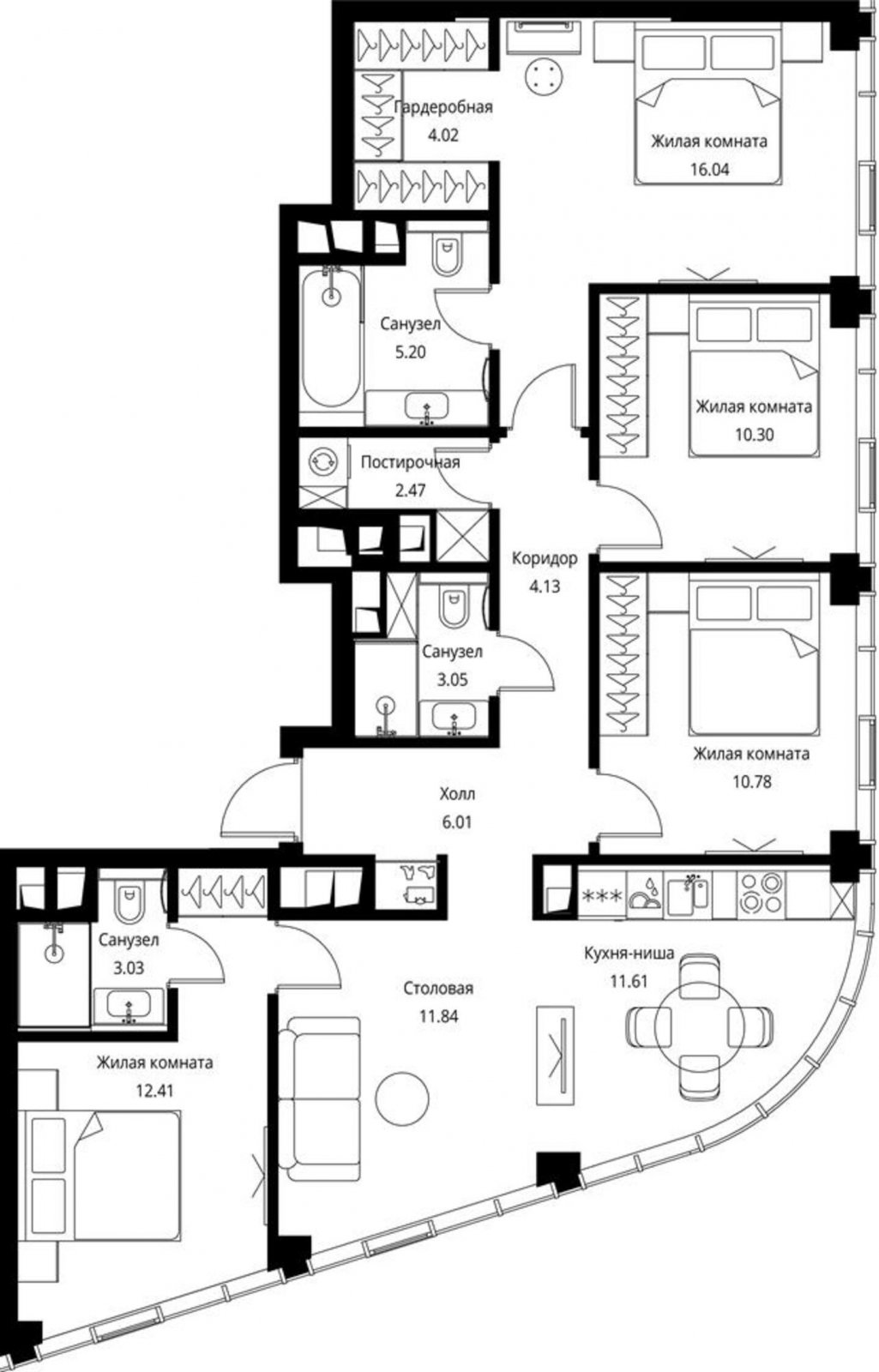 4-комнатная квартира с частичной отделкой, 100.89 м2, 32 этаж, сдача 3 квартал 2026 г., ЖК City Bay, корпус North Ocean 8 - объявление 2240691 - фото №1