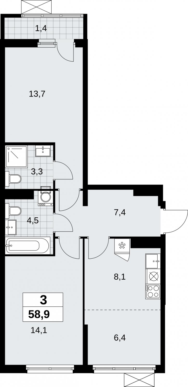 3-комнатная квартира (евро) без отделки, 58.9 м2, 11 этаж, сдача 1 квартал 2026 г., ЖК Дзен-кварталы, корпус 6.2.1 - объявление 2328611 - фото №1