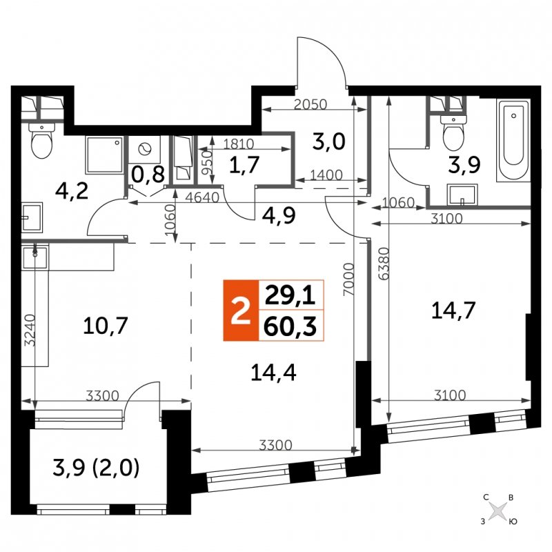 2-комнатная квартира с частичной отделкой, 60.3 м2, 14 этаж, сдача 4 квартал 2024 г., ЖК ROTTERDAM, корпус 2.3 - объявление 1849307 - фото №1