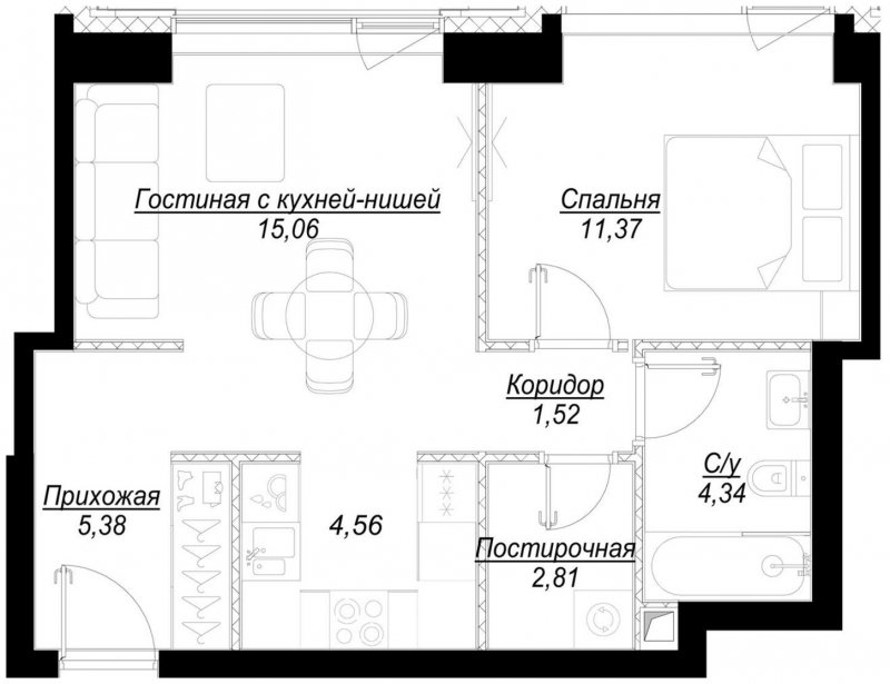 1-комнатная квартира с частичной отделкой, 45.2 м2, 22 этаж, сдача 1 квартал 2023 г., ЖК Hide, корпус RiverSide - объявление 1756836 - фото №1