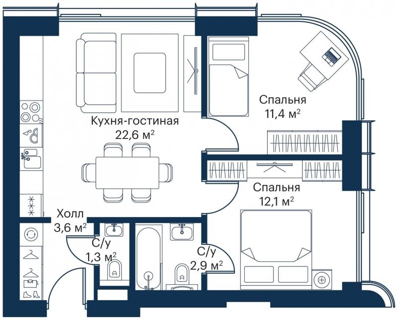 2-комнатная квартира с частичной отделкой, 53.9 м2, 6 этаж, сдача 4 квартал 2023 г., ЖК City Bay, корпус Atlantic Ocean 2 - объявление 1645422 - фото №1