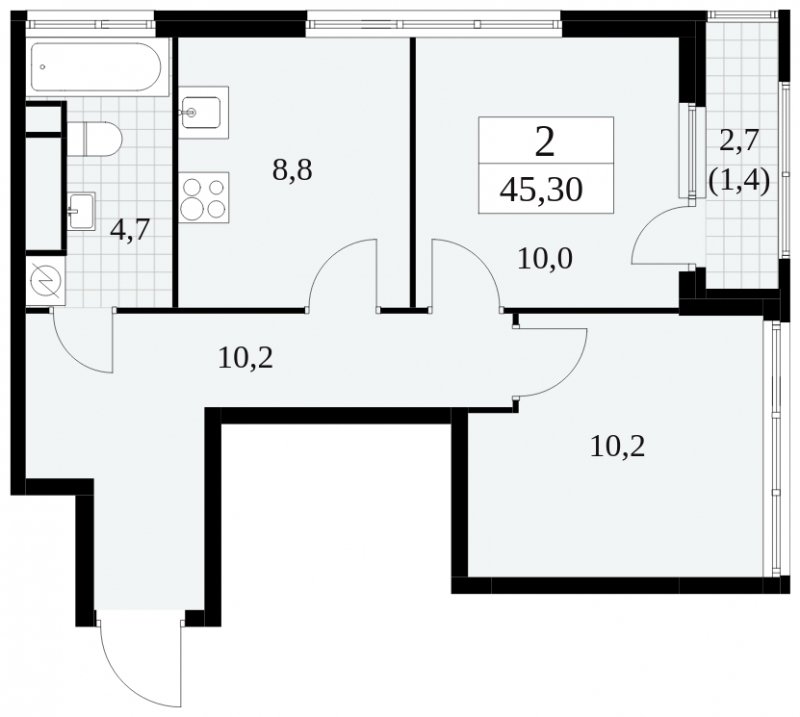 2-комнатная квартира без отделки, 45.3 м2, 29 этаж, сдача 2 квартал 2025 г., ЖК Южные сады, корпус 2.3 - объявление 1758283 - фото №1