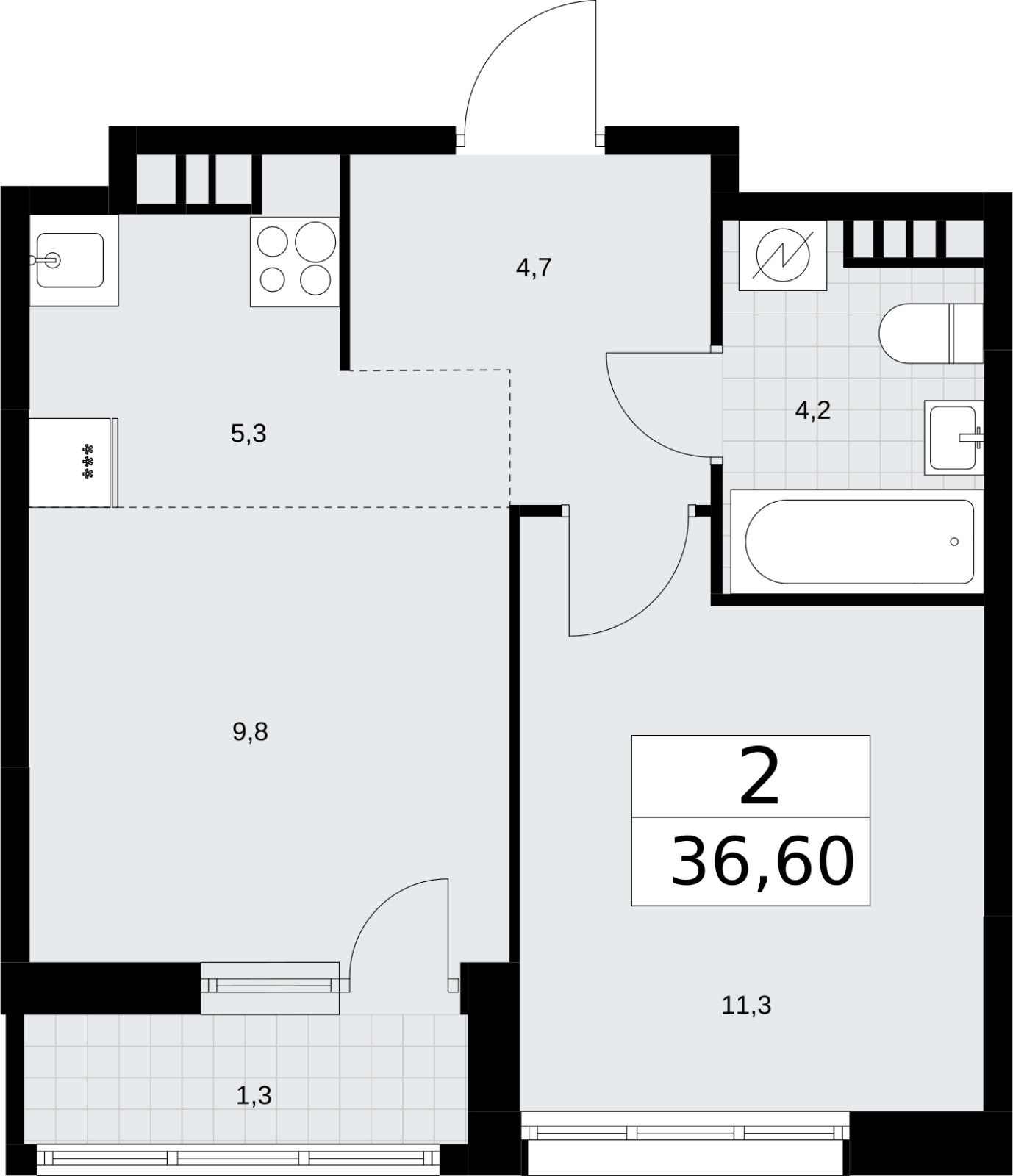 2-комнатная квартира (евро) без отделки, 36.6 м2, 4 этаж, сдача 3 квартал 2026 г., ЖК Родные кварталы, корпус 3.4 - объявление 2378657 - фото №1