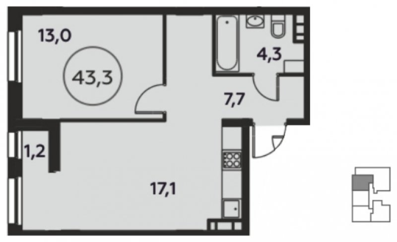 1-комнатная квартира без отделки, 43.5 м2, 14 этаж, дом сдан, ЖК Скандинавия, корпус 2.8.4 - объявление 1675934 - фото №1