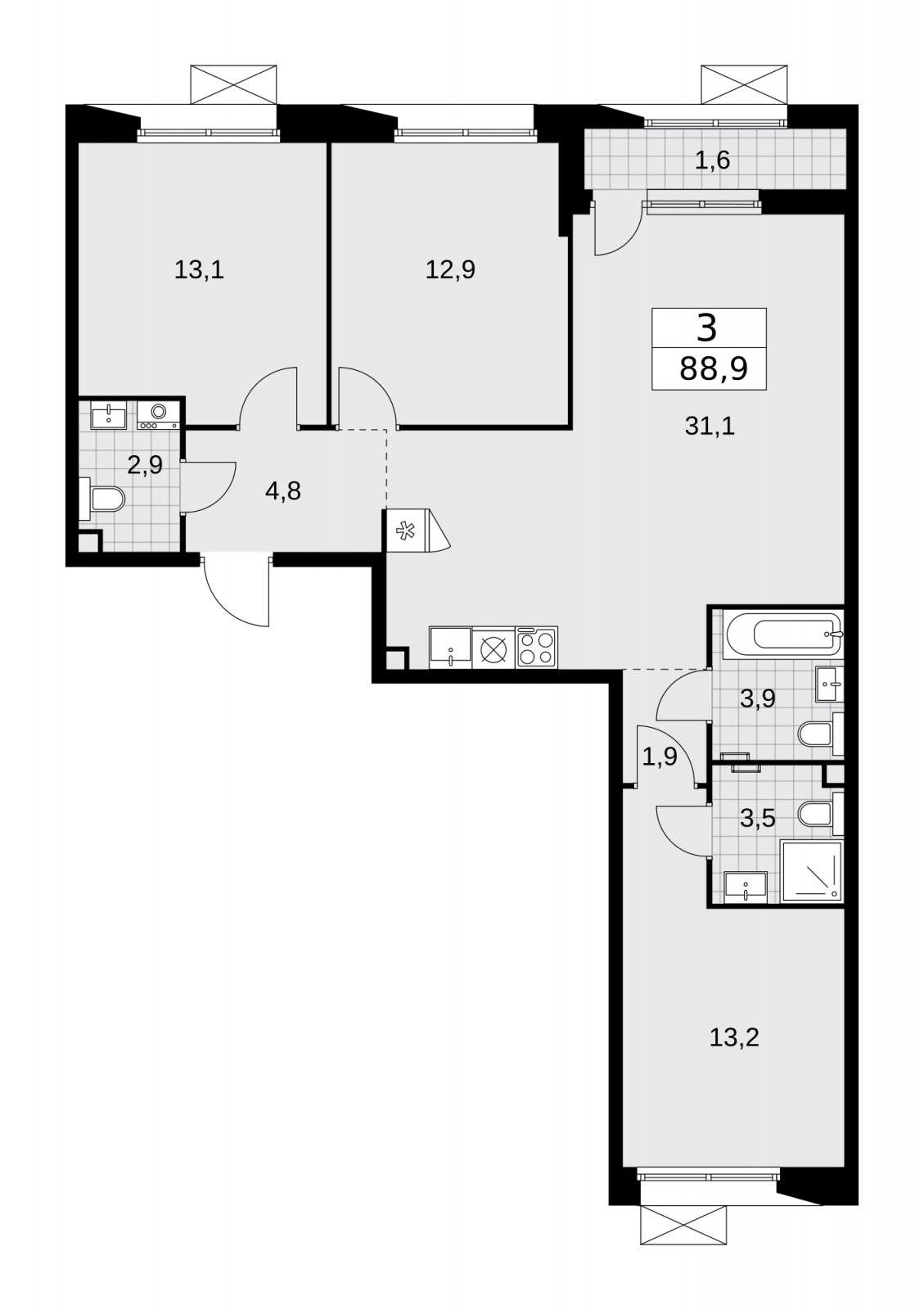 3-комнатная квартира без отделки, 88.9 м2, 2 этаж, сдача 4 квартал 2025 г., ЖК Бунинские кварталы, корпус 6.6 - объявление 2252899 - фото №1