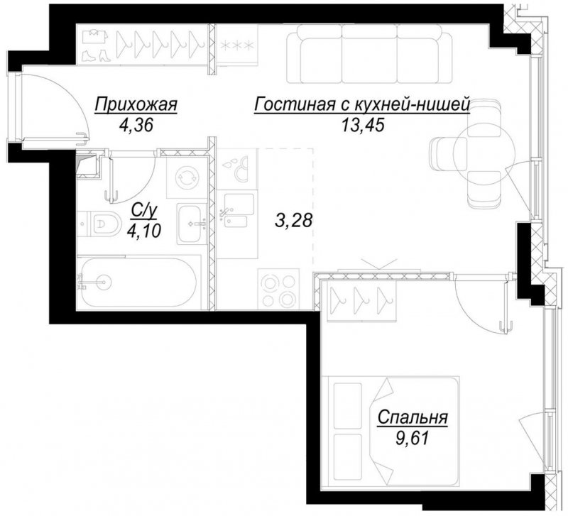 1-комнатная квартира с частичной отделкой, 34.8 м2, 14 этаж, сдача 1 квартал 2023 г., ЖК Hide, корпус RiverSide - объявление 1756827 - фото №1