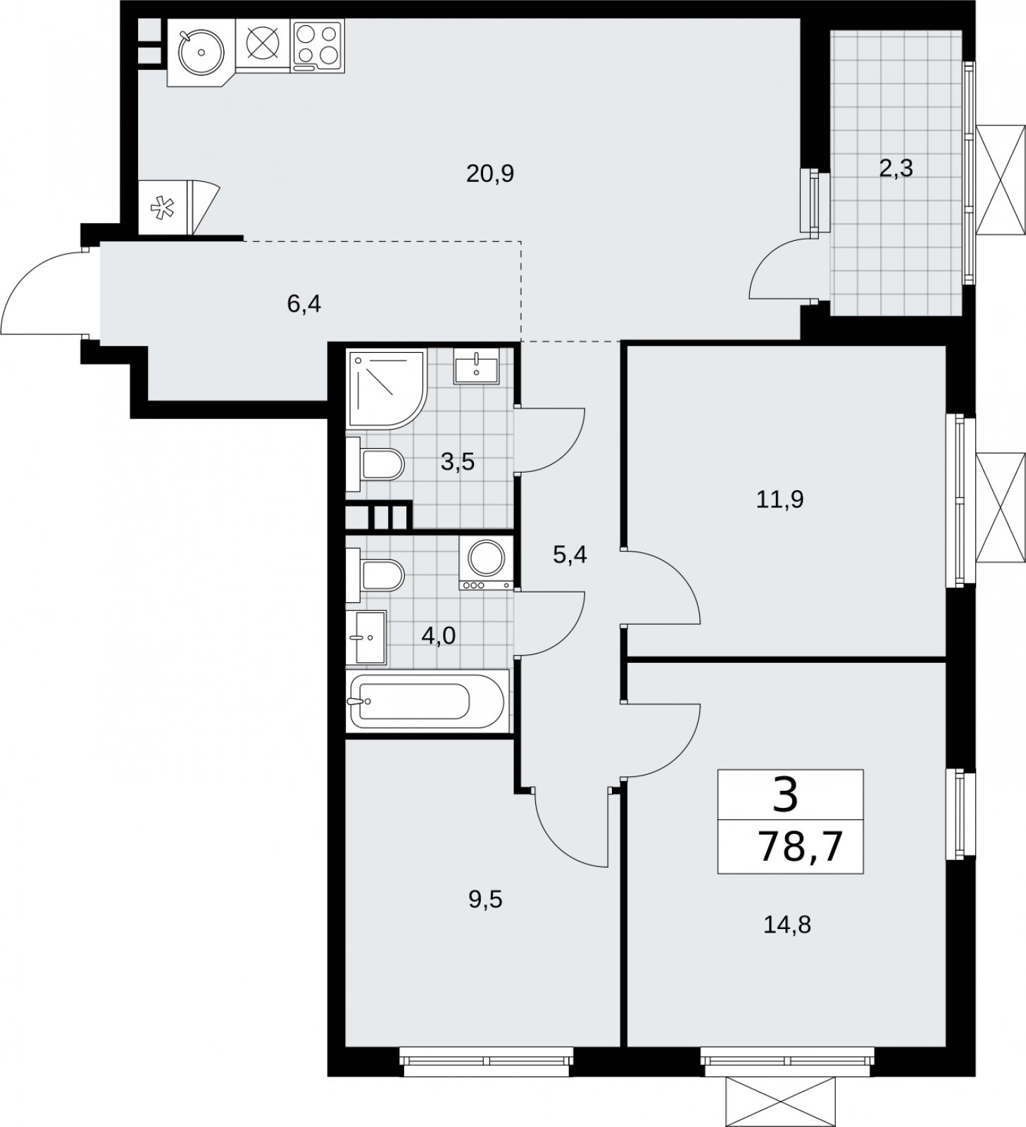 3-комнатная квартира без отделки, 78.7 м2, 3 этаж, сдача 2 квартал 2026 г., ЖК Бунинские кварталы, корпус 5.3 - объявление 2297505 - фото №1