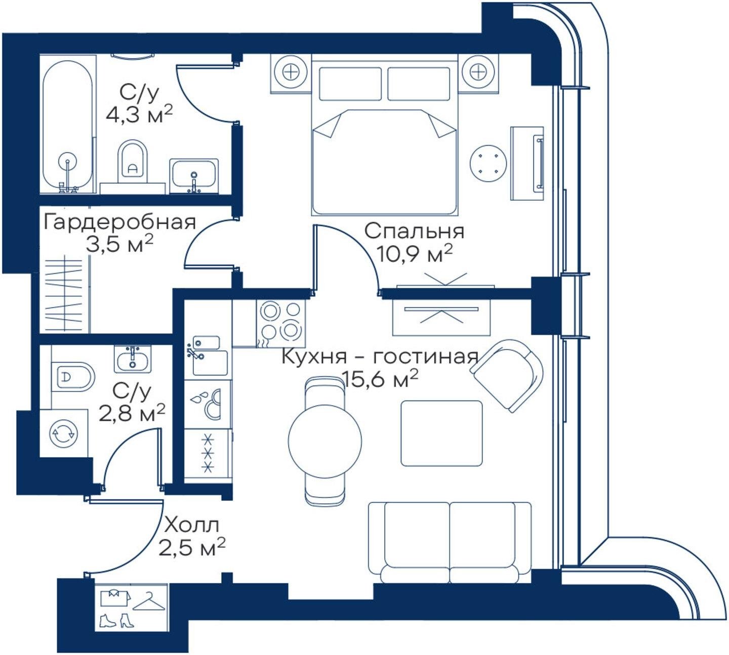 1-комнатная квартира с частичной отделкой, 39.6 м2, 23 этаж, сдача 3 квартал 2025 г., ЖК City Bay, корпус Atlantic Ocean 3 - объявление 2213695 - фото №1