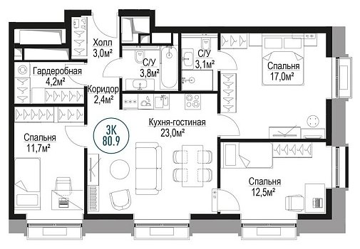 3-комнатная квартира с частичной отделкой, 80.36 м2, 23 этаж, сдача 3 квартал 2023 г., ЖК Метрополия, корпус Stockholm - объявление 1786177 - фото №1