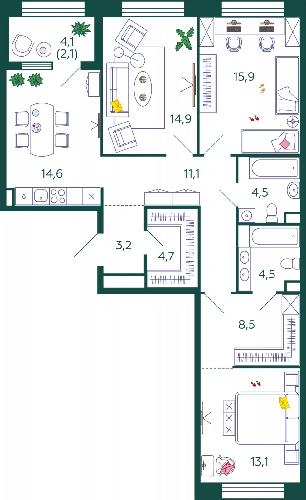 3-комнатная квартира без отделки, 97.1 м2, 6 этаж, сдача 4 квартал 2024 г., ЖК SHAGAL, корпус 2.6 - объявление 2071630 - фото №1