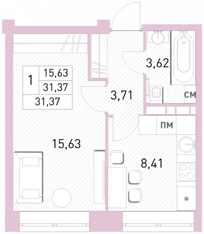 1-комнатная квартира с полной отделкой, 31.37 м2, 3 этаж, сдача 2 квартал 2023 г., ЖК Столичный, корпус 24 - объявление 1650899 - фото №1