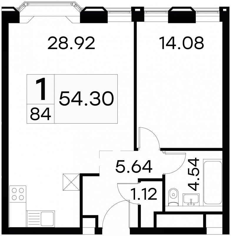 1-комнатные апартаменты с частичной отделкой, 54.3 м2, 8 этаж, сдача 3 квартал 2024 г., ЖК GloraX Aura Белорусская, корпус 1 - объявление 1708727 - фото №1