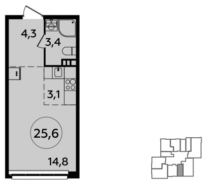 Студия с частичной отделкой, 25.6 м2, 3 этаж, сдача 2 квартал 2024 г., ЖК Южные сады, корпус 1.5 - объявление 1755941 - фото №1