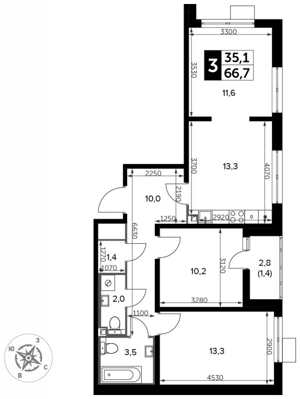 3-комнатная квартира с частичной отделкой, 66.7 м2, 2 этаж, сдача 3 квартал 2023 г., ЖК Южная Битца, корпус 11 - объявление 1684737 - фото №1