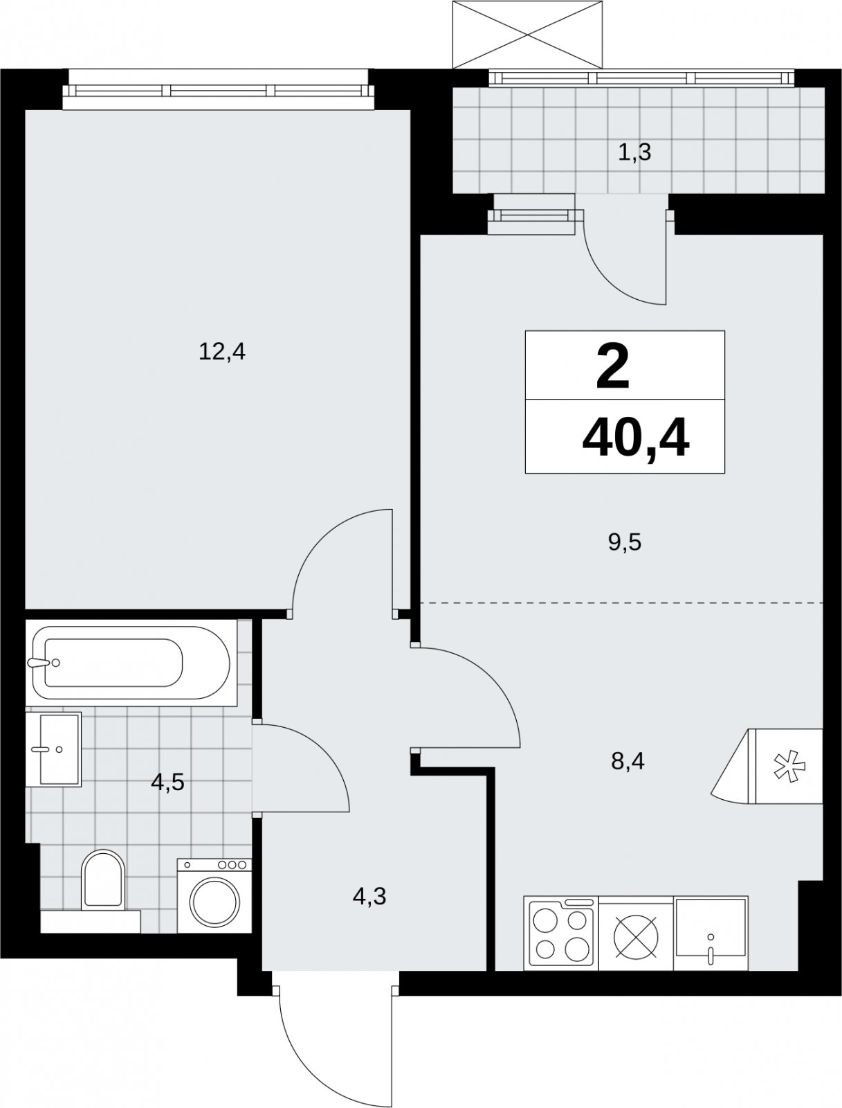 2-комнатная квартира (евро) без отделки, 40.4 м2, 9 этаж, сдача 2 квартал 2026 г., ЖК Бунинские кварталы, корпус 9.1 - объявление 2323514 - фото №1