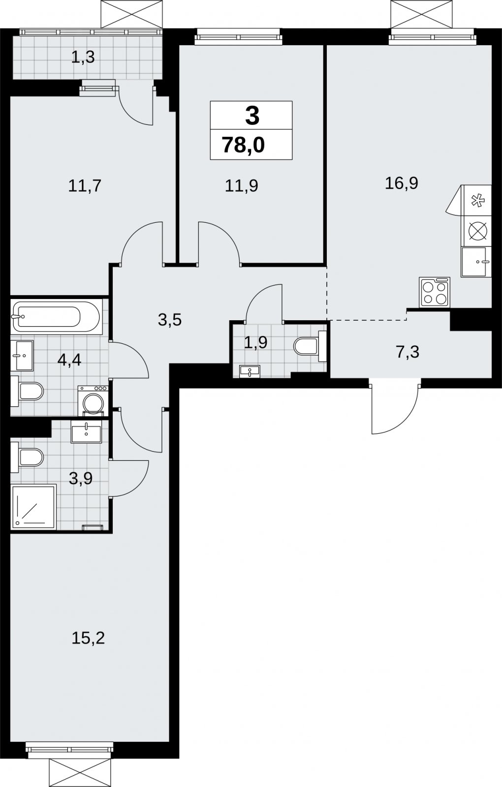 3-комнатная квартира с полной отделкой, 78 м2, 9 этаж, сдача 3 квартал 2026 г., ЖК Дзен-кварталы, корпус 6.1.3 - объявление 2327911 - фото №1