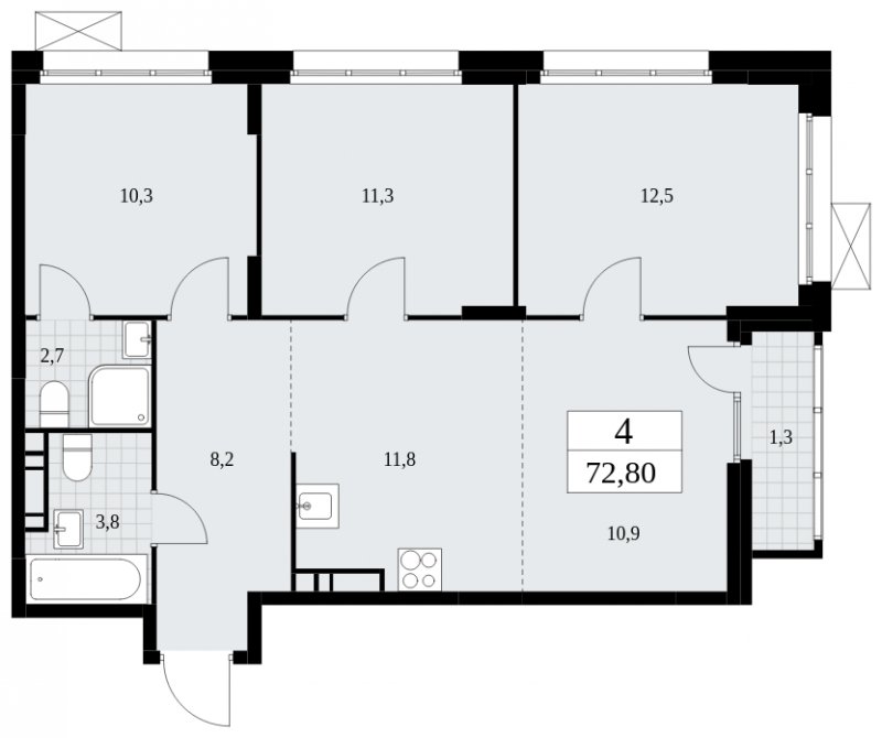 4-комнатная квартира (евро) с частичной отделкой, 72.8 м2, 8 этаж, сдача 4 квартал 2024 г., ЖК Скандинавия, корпус 35.1.2 - объявление 1779483 - фото №1
