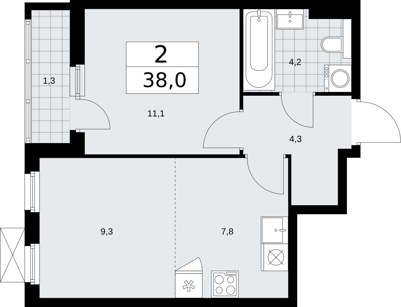 2-комнатная квартира (евро) без отделки, 38 м2, 9 этаж, сдача 2 квартал 2026 г., ЖК Бунинские кварталы, корпус 7.3 - объявление 2313889 - фото №1